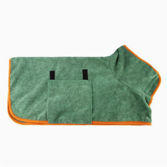 Pet bathrobe towel, green with orange trim and two black strap slots
