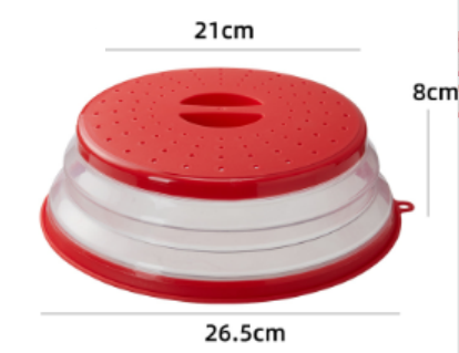 Red collapsible microwave splash cover with vented lid, shown from the side