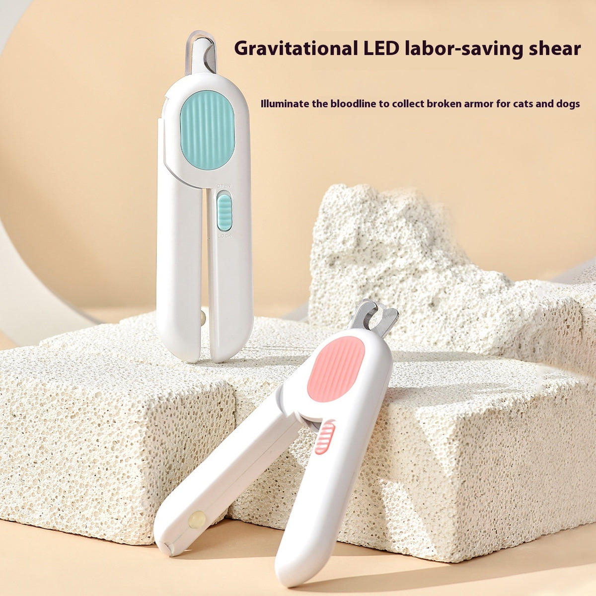 LED pet nail clipper set with teal light panel and pink handle, safety tool