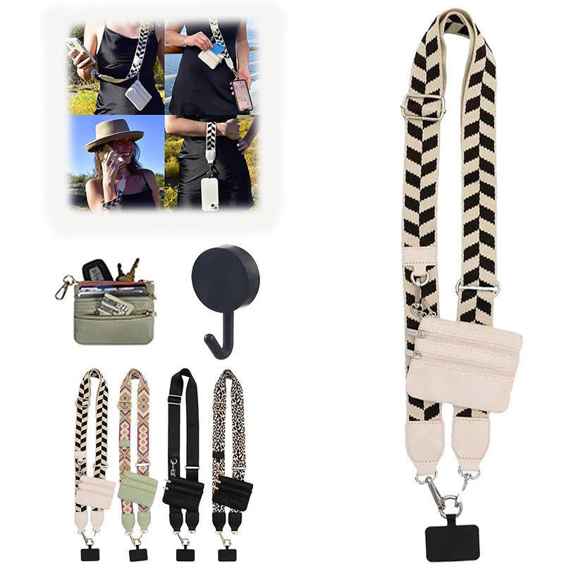Phone crossbody lanyard with zebra-striped strap and light zipper pouch, key clip