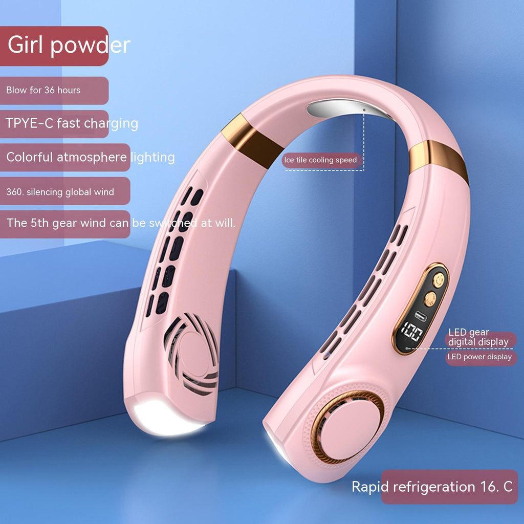 Pink hanging neck fan with gold-tone top band and vented cooling airflow openings