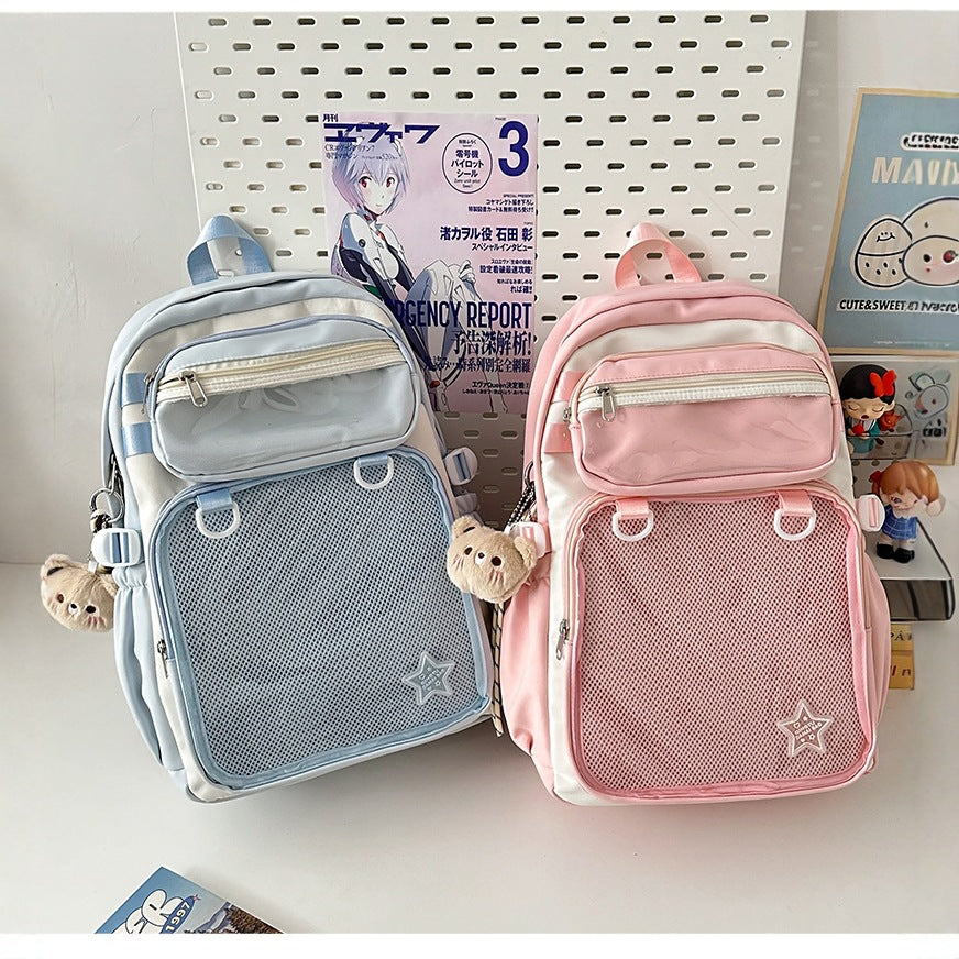 Large capacity blue and pink nylon backpacks with mesh panel and front zipper pockets