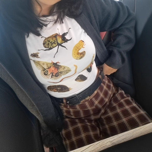 Women's Casual Insect Print Crop Top - Short Sleeve Cotton Tee