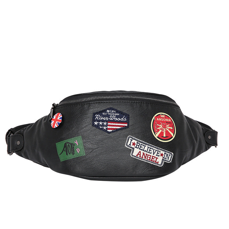 Men's PU Leather Badge Waist Bag And Shoulder Bag Waterproof Crossbody Geometric Pattern Black Street Style