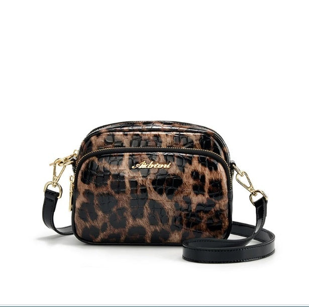 Black & Brown Leopard Print PU Leather Crossbody Bag – Lightweight Phone Bag | Free Size