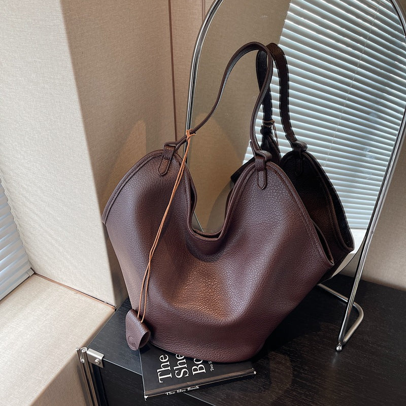 Women’s PU bucket tote bag with lychee-grain texture, dark brown, dual top handles