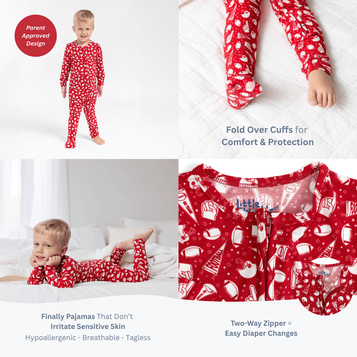 Red cartoon-printed toddler pajamas with fold-over cuffs and easy two-way zip