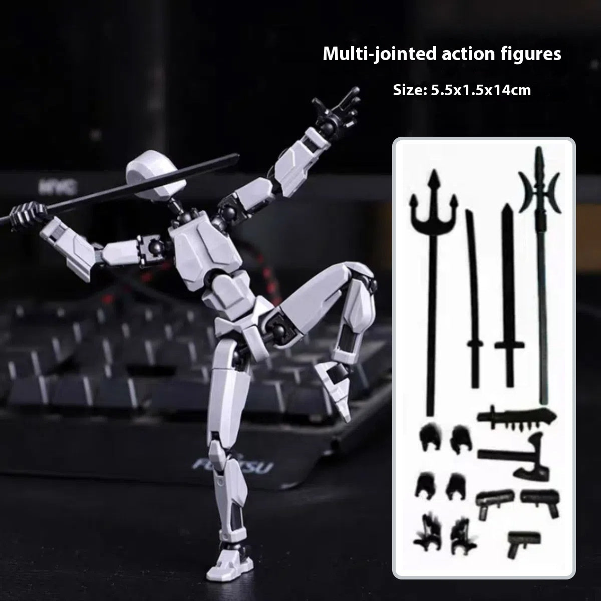 Multi-jointed action figure robot, white with black weapon parts and accessory set