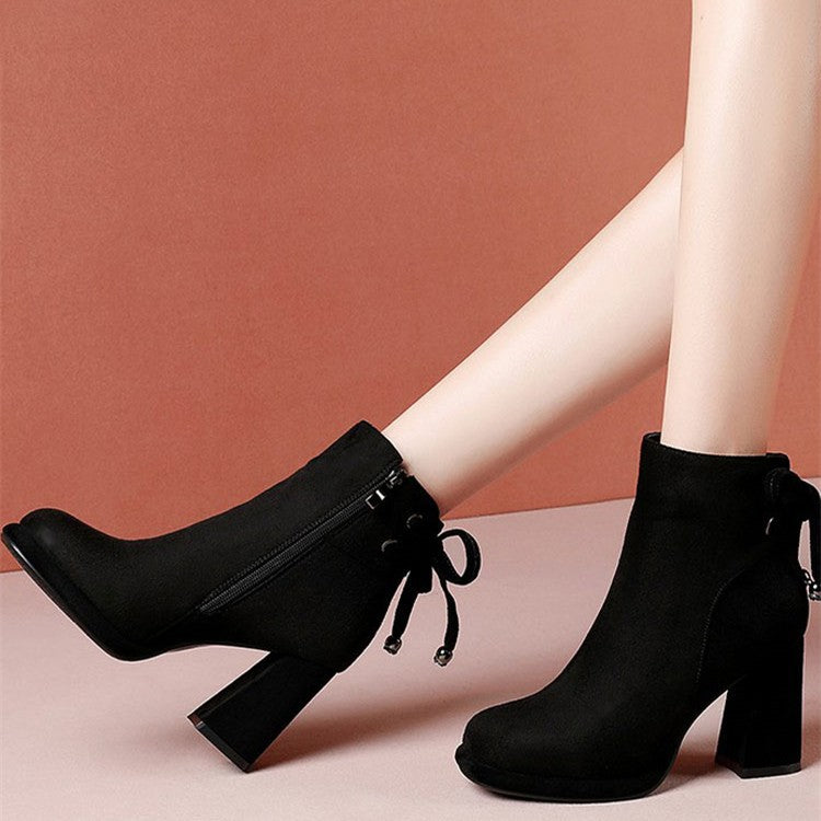 Women's black suede ankle boots with back zip, round toe, chunky heel