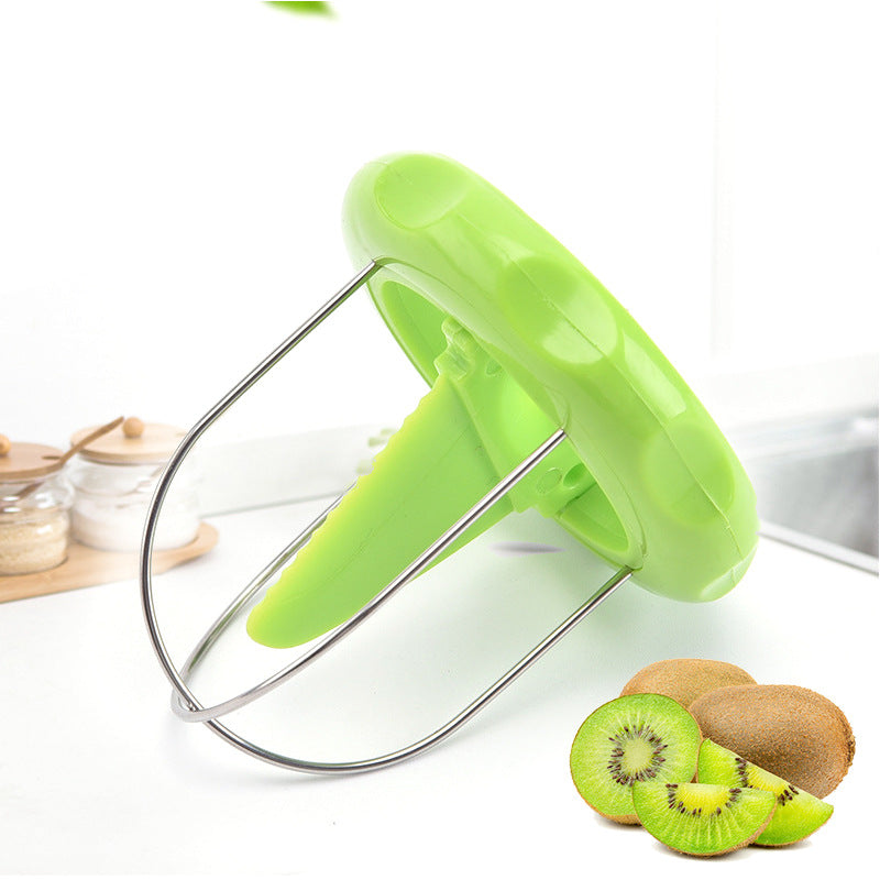 Green kiwi peeler and splitter tool with U-shaped frame and handle