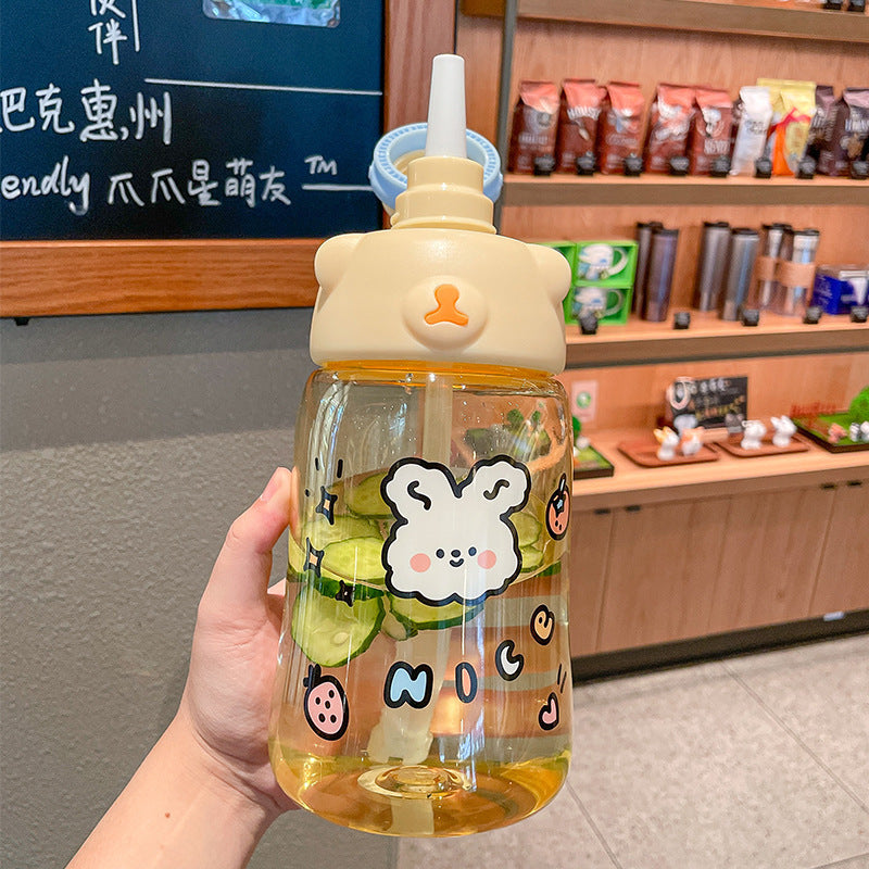 Summer Super Cute Cartoon Water Cup With Straw Portable Student Water Bottle Reusable Logo Print