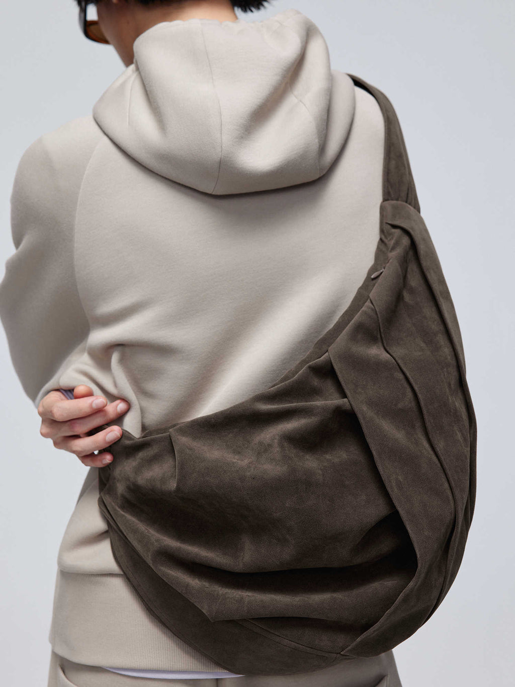 Men's Suede Pleated Crossbody Bag With Zipper Closure Single Strap Large Brown Color