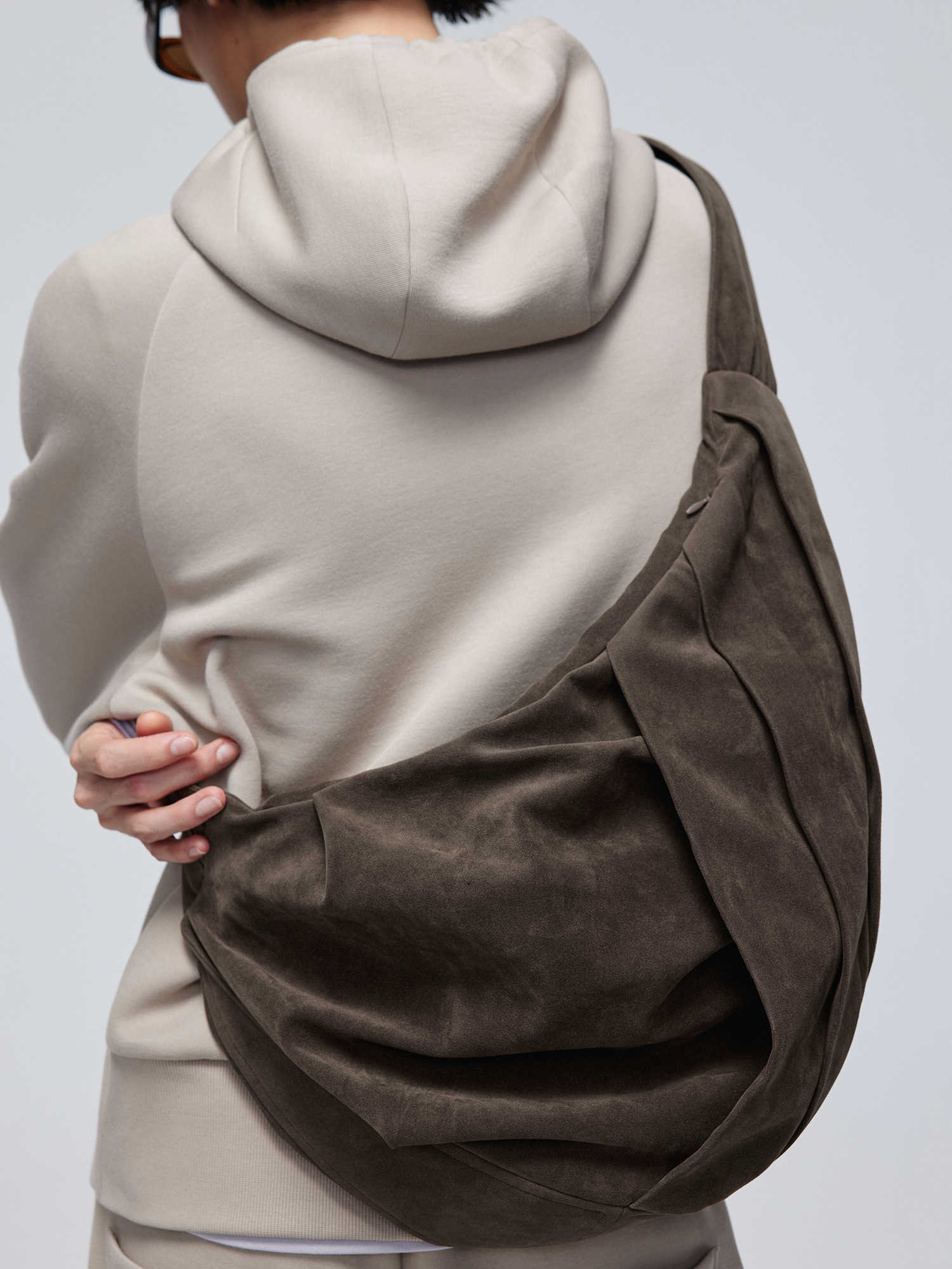 Men's Suede Pleated Crossbody Bag With Zipper Closure Single Strap Large Brown Color