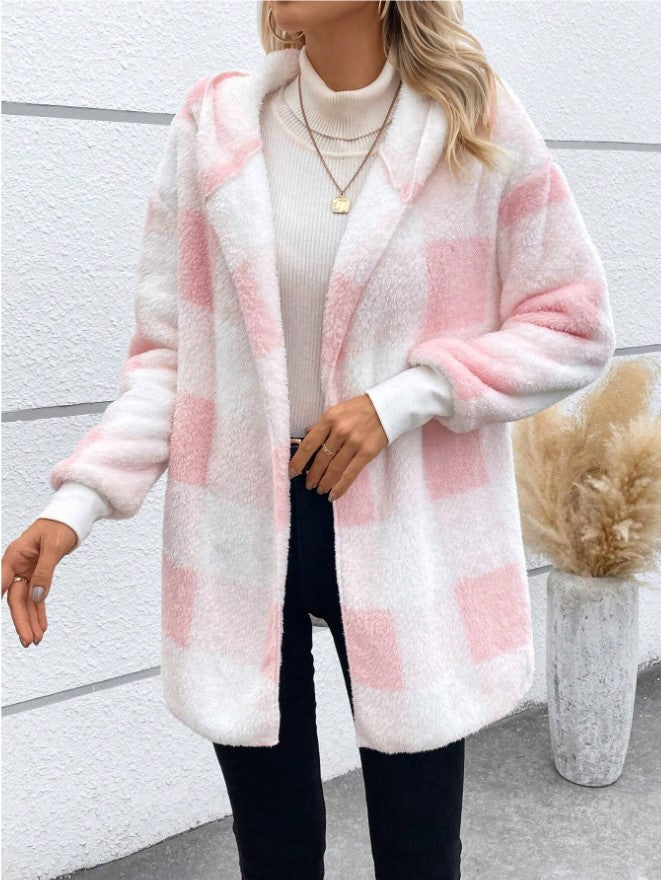 Pink and white plaid knitted cardigan with open front and long sleeves