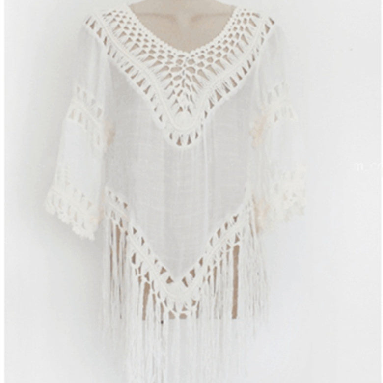 Women Half Sleeve Crochet Patchwork Knit Tassel Overskirt Beach Cover Up for Swimming and Wading