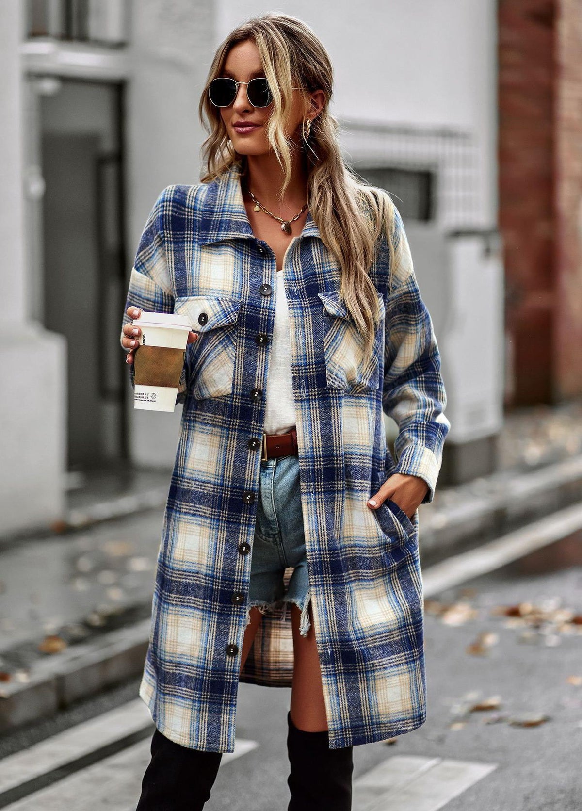 Blue and cream plaid cardigan coat with long sleeves, button front, and side pockets
