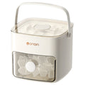Milky white ice cube maker with clear front window and top lid, ice cubes visible