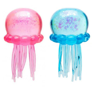 Two jelly octopus squishy toys: pink and blue heads with long tentacles