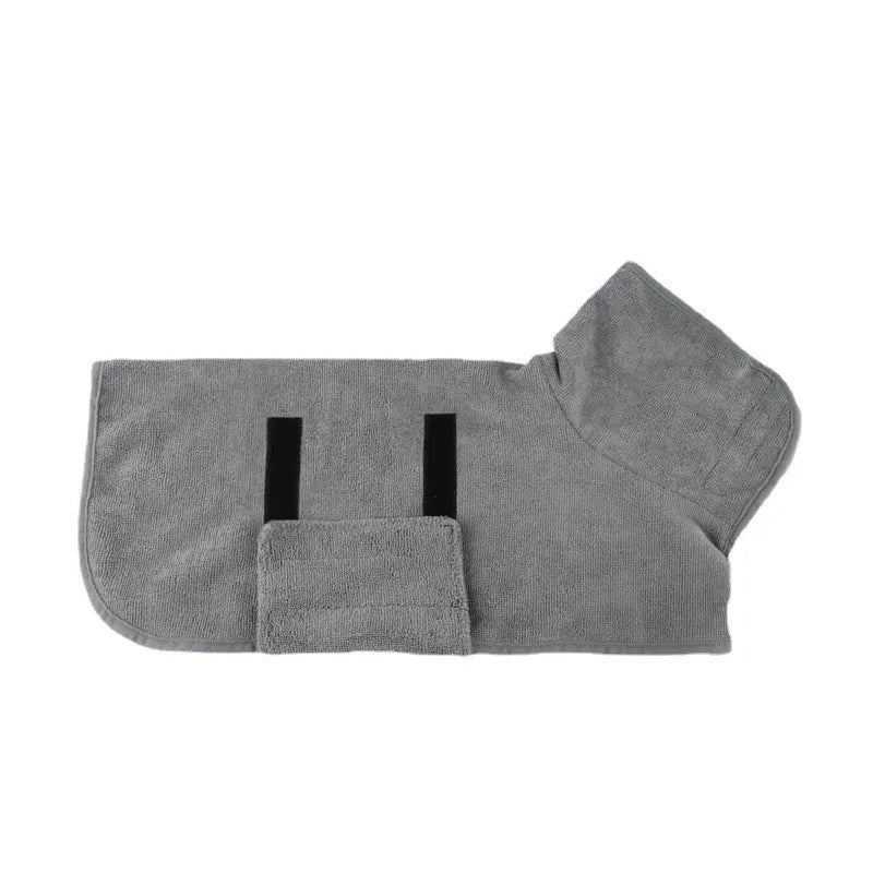 Grey pet bathrobe towel with hood and two black closures, front belt pocket