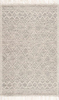 Gray and white handwoven area rug with geometric diamond pattern