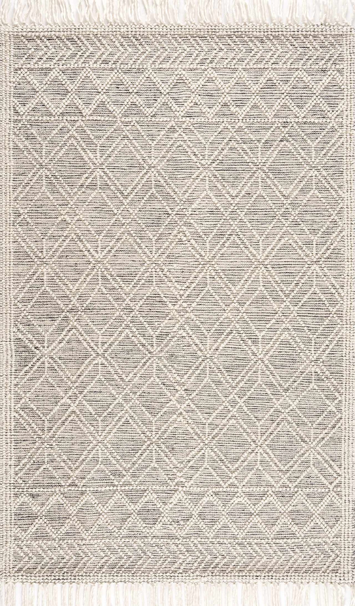 Gray and white handwoven area rug with geometric diamond pattern