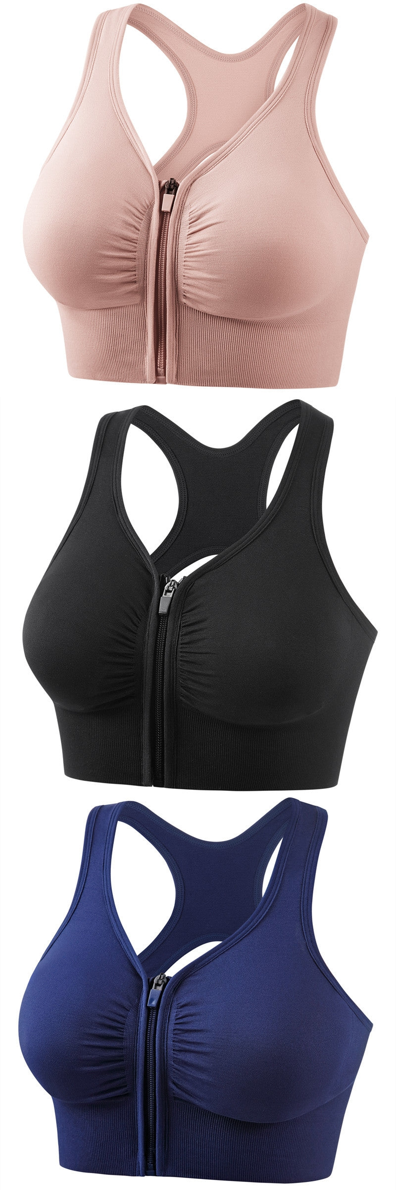 Set of three zip-front full-cup shockproof sports bras in pink, black, and blue