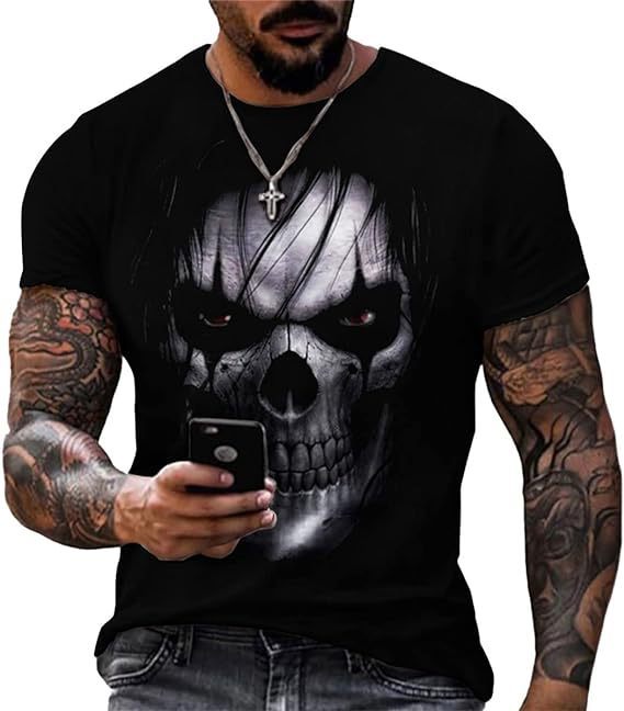 Printed Men's Short Sleeve Skull Head Round Neck T-shirt Hot Selling Short Sleeve