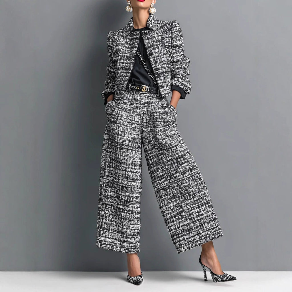 Women's silver-gray tweed notched-lapel jacket and wide-leg pants set
