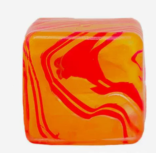 Square marbled ice-cube squeeze toy in orange with red and golden wavy stripes