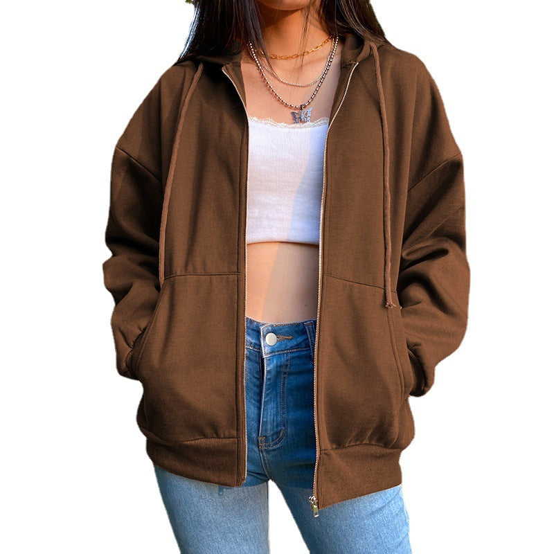 Women's hooded zip-front jacket in brown with front zipper, drawstring hood, and side pockets