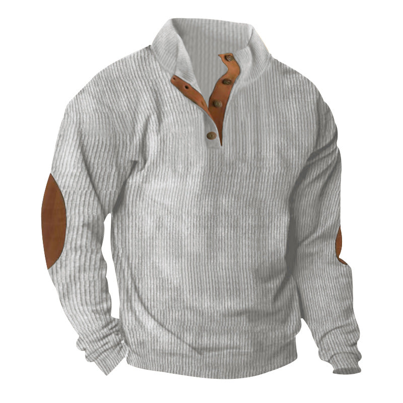 Corduroy stand collar pullover sweater in white with button placket detail