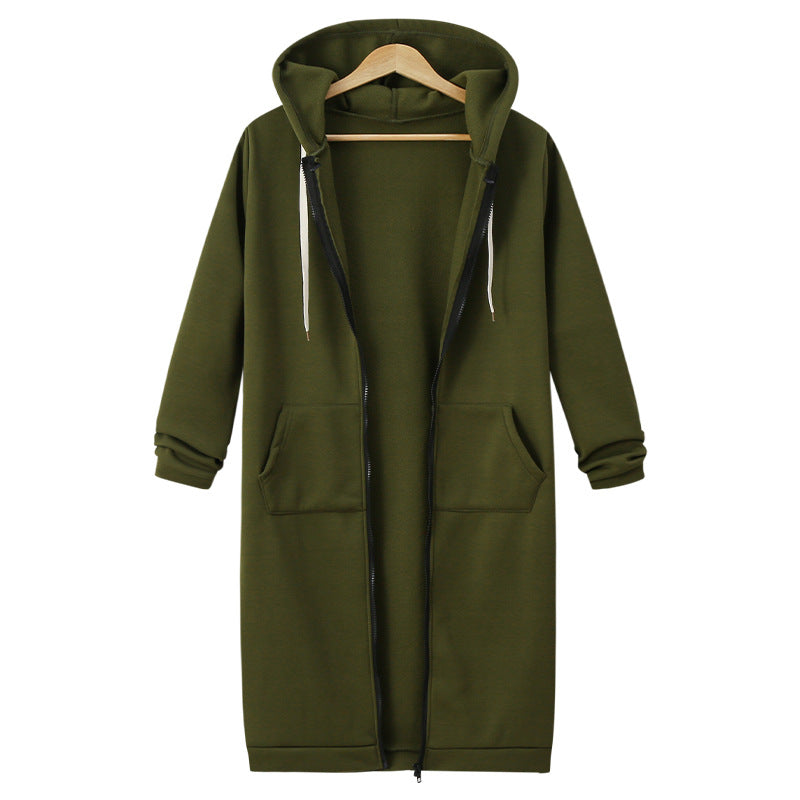 Olive green long zip-up hoodie fleece jacket with drawstring hood and front pockets