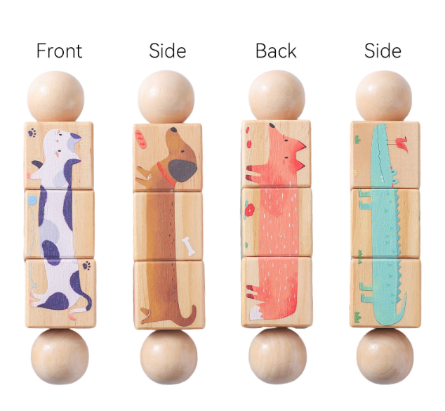 Wooden rotating animal puzzle handbell shown in front, side, and back views