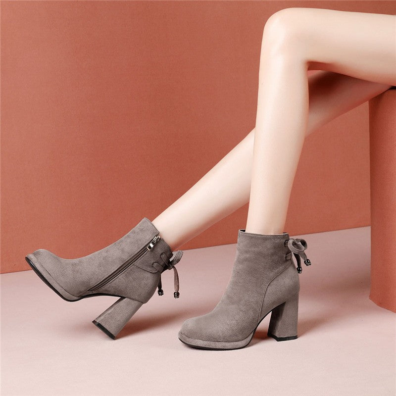 Women's taupe suede ankle boots, round toe, chunky heel, back zip detail