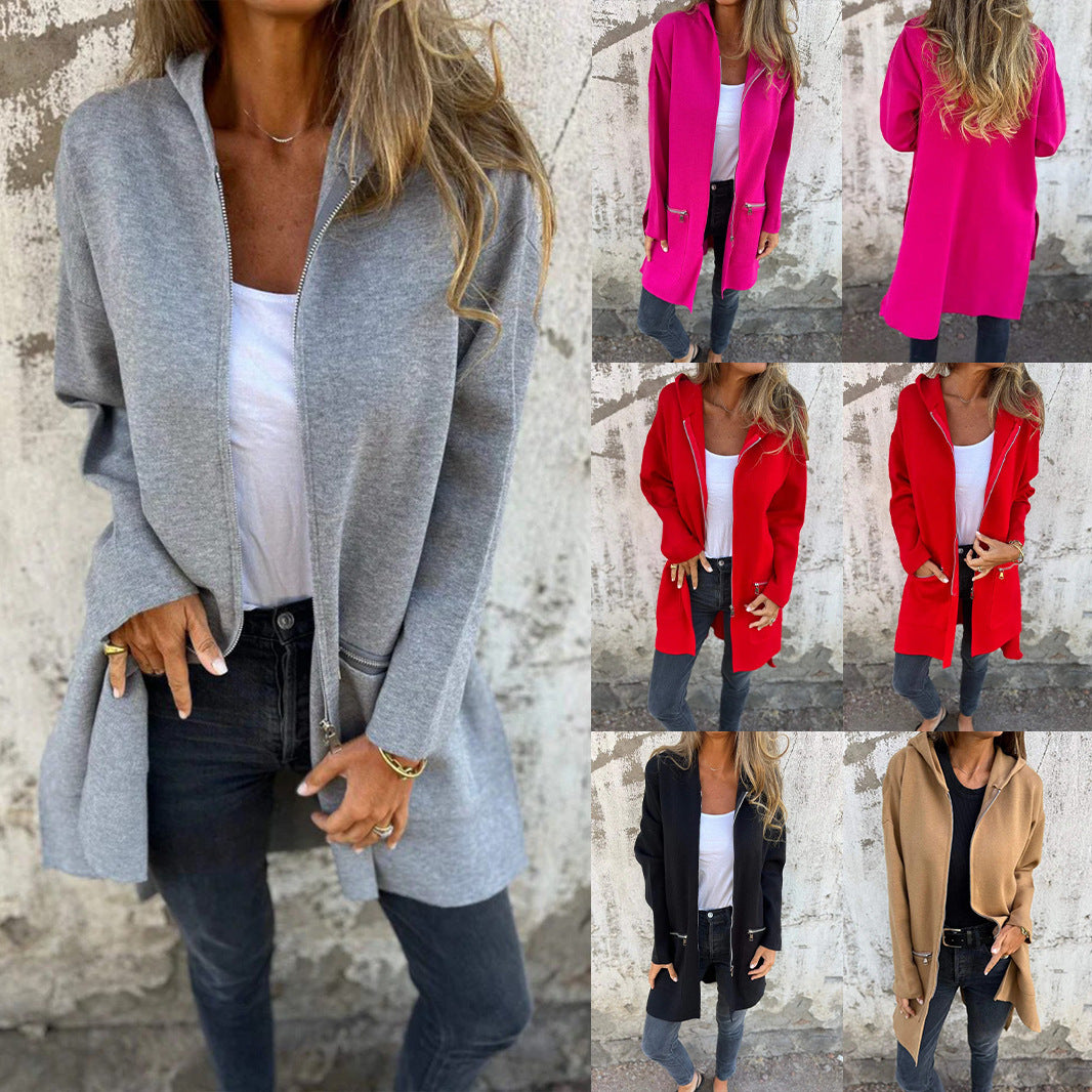 Women’s gray zip-up hooded cardigan with front pockets and open front style