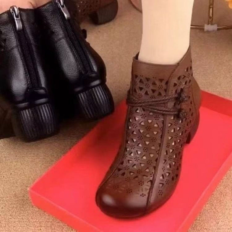 All-Match Leather Mid-Heel Casual Shoes - Women's Comfortable Retro Closed Toe