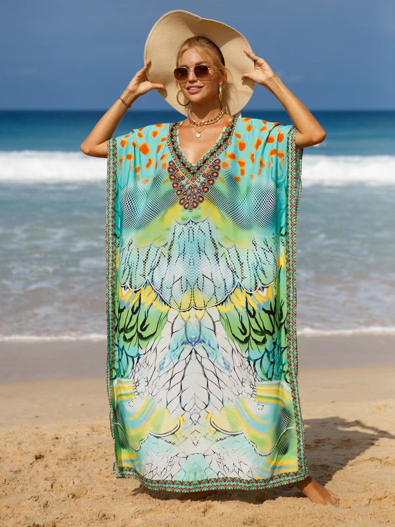 Bohemian Beach Cover Up Dress For Women - Flowy Long Maxi Dress, Lightweight Cotton Blend, Plus Size Available