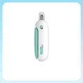 Pet nail clippers, white with teal side handle and gravity push switch, standalone view