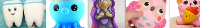 Assorted slow-rising squishy character toys with blue, purple, and pink faces