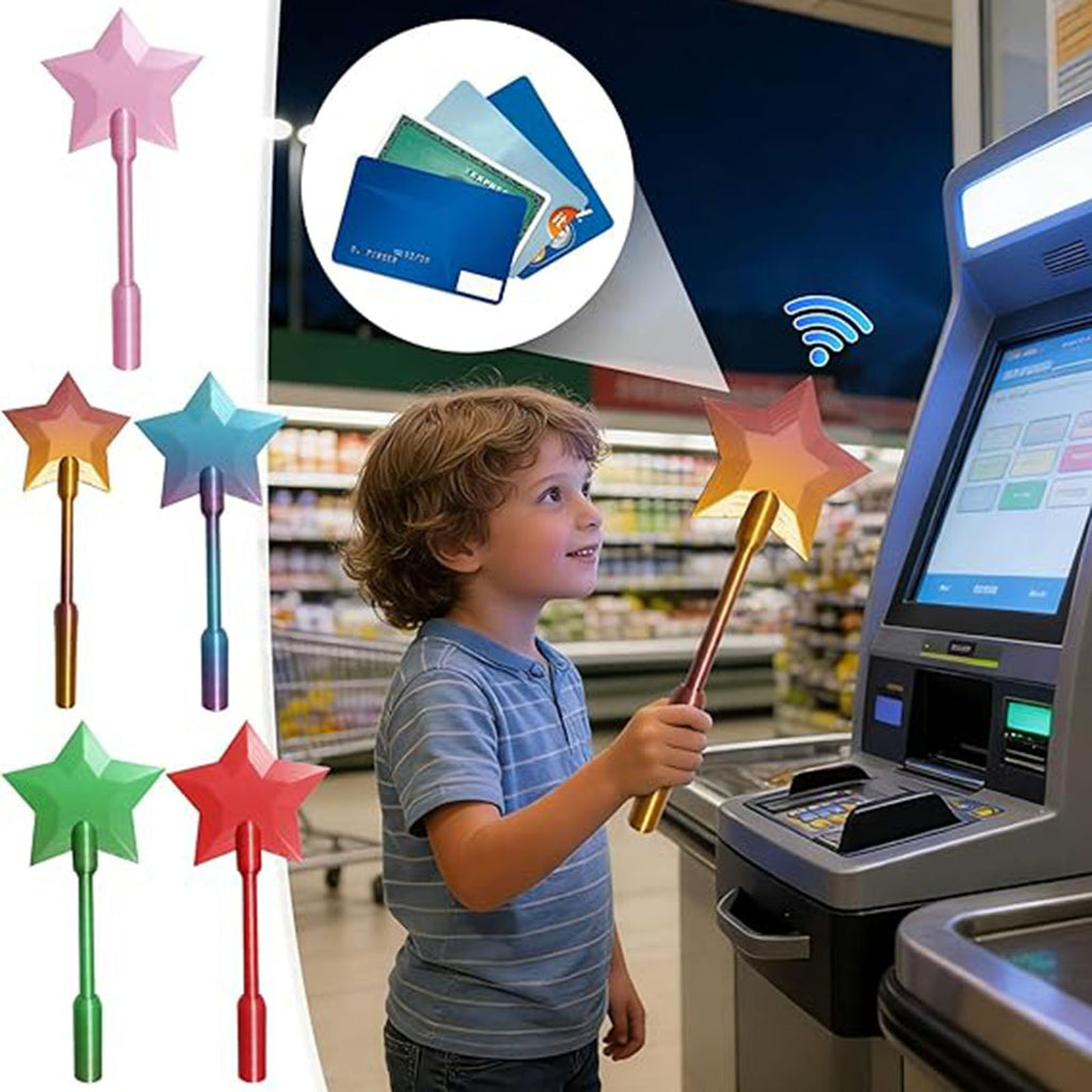 Tap-to-pay NFC wand set with pink, blue, green, and red star-topped wands