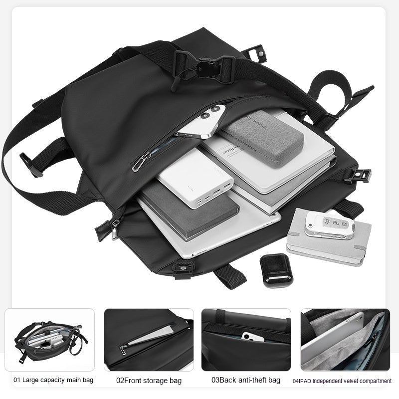 Mens Shoulder Large Capacity PU Leather Crossbody Messenger Bag Waterproof Casual Black