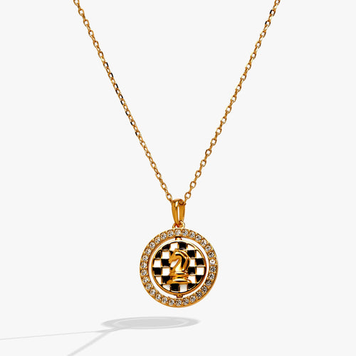 Gold chess spinner pendant necklace with crystal halo