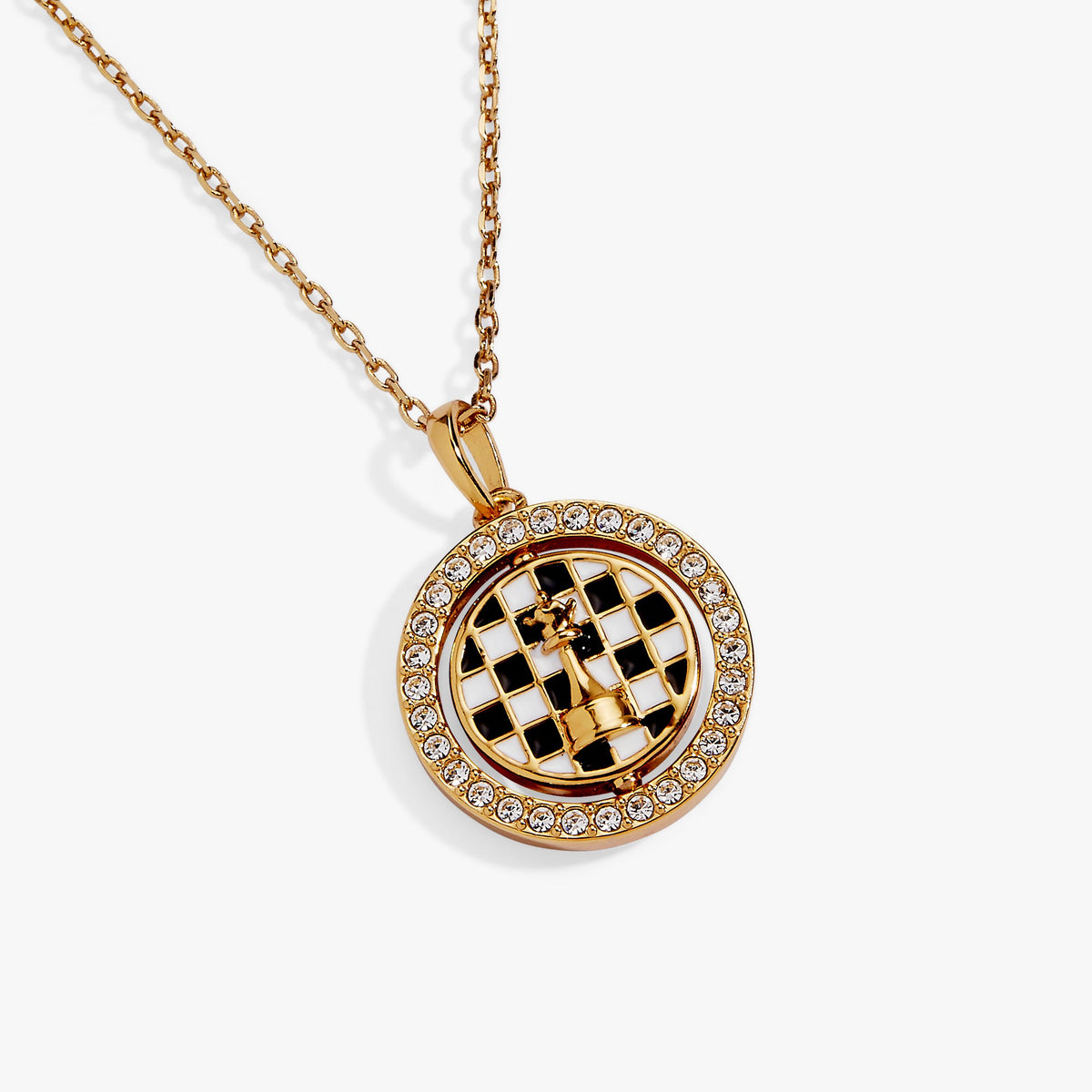 Gold chess spinner pendant with round crystal bezel and gold checkered chess grid center