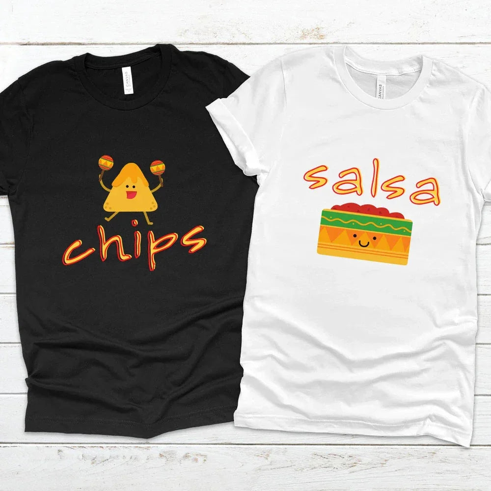 Couples graphic t-shirt set: black chips and white salsa front prints