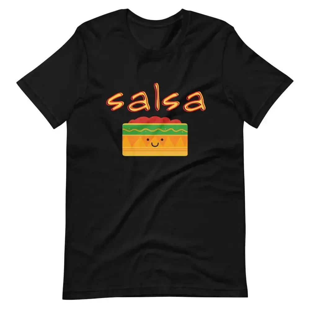 Black short-sleeve crewneck T-shirt with 'salsa' and salsa box graphic