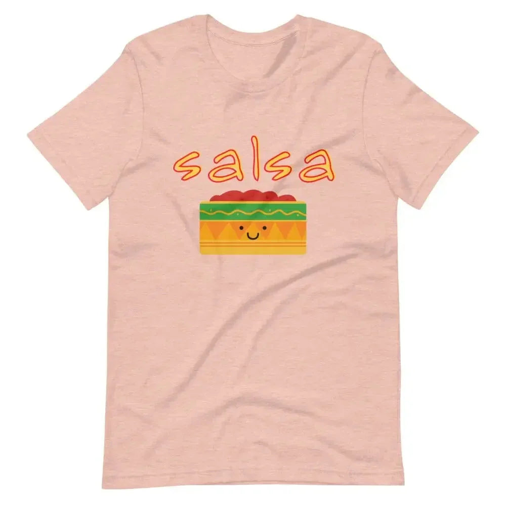 Mauve short-sleeve crewneck T-shirt with 'salsa' and smiling salsa box graphic