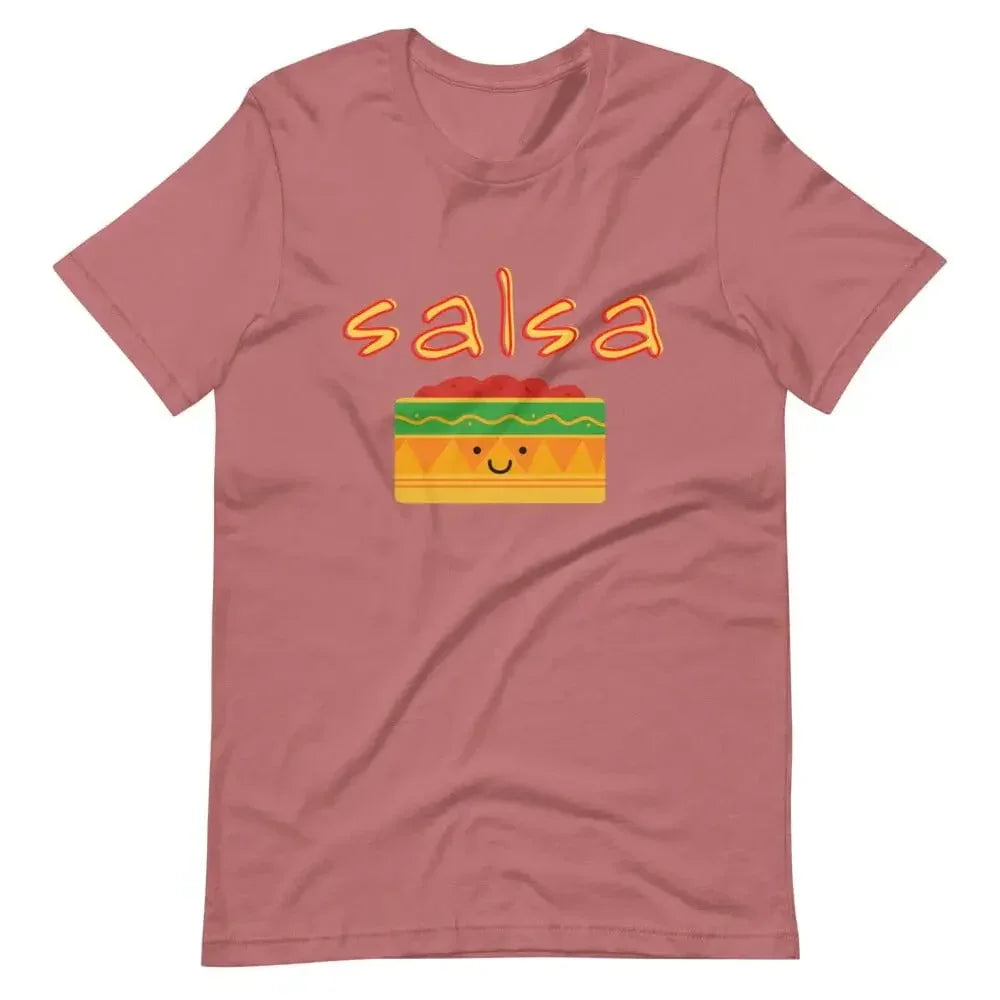 Mauve short-sleeve crewneck T-shirt with 'salsa' and smiling salsa box graphic