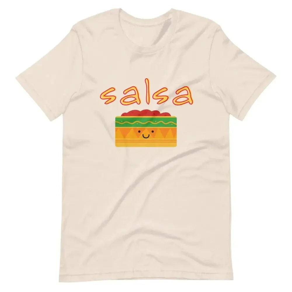 Soft cream short-sleeve crewneck T-shirt with 'salsa' and smiling salsa box graphic
