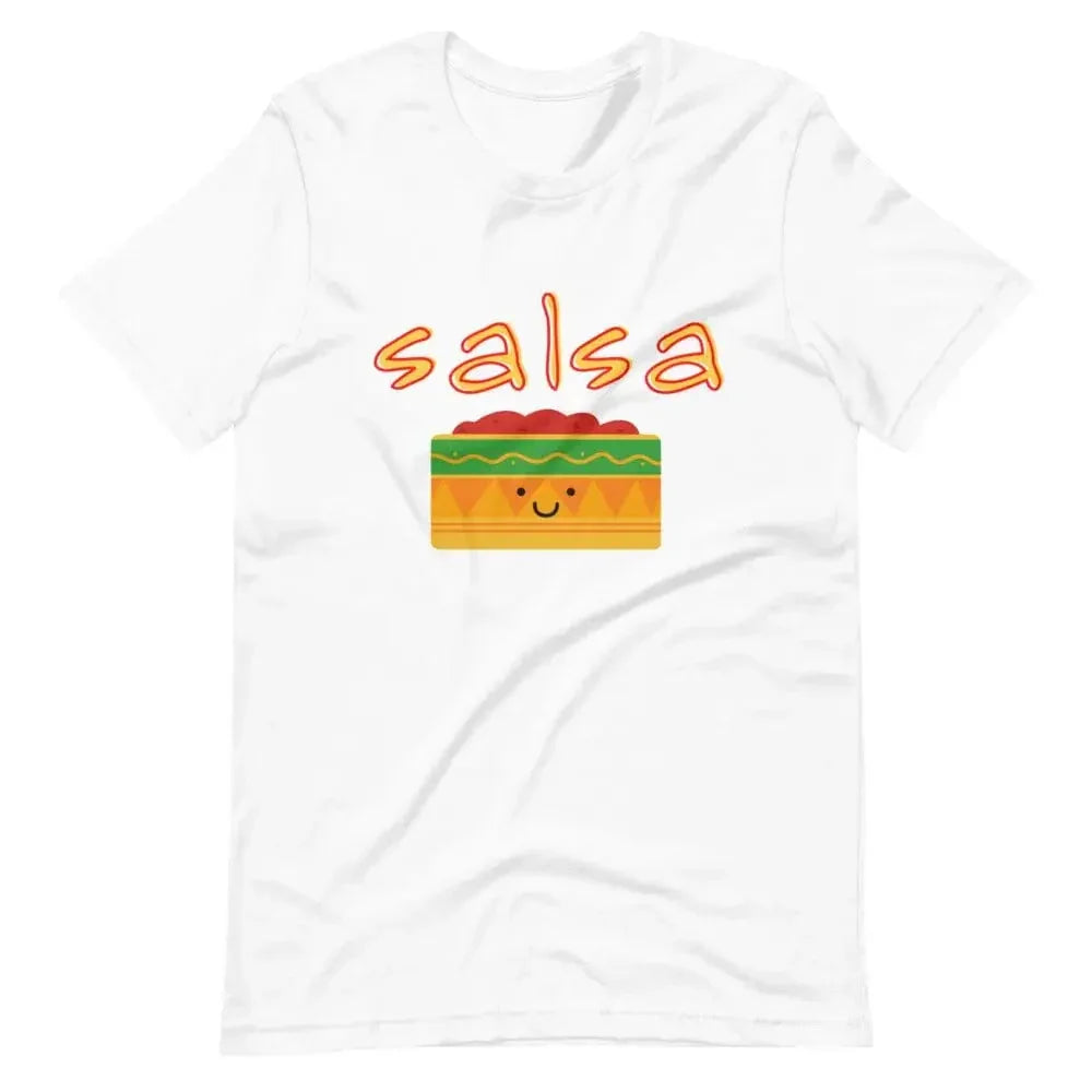 White short-sleeve crewneck T-shirt with 'salsa' and smiling salsa box graphic