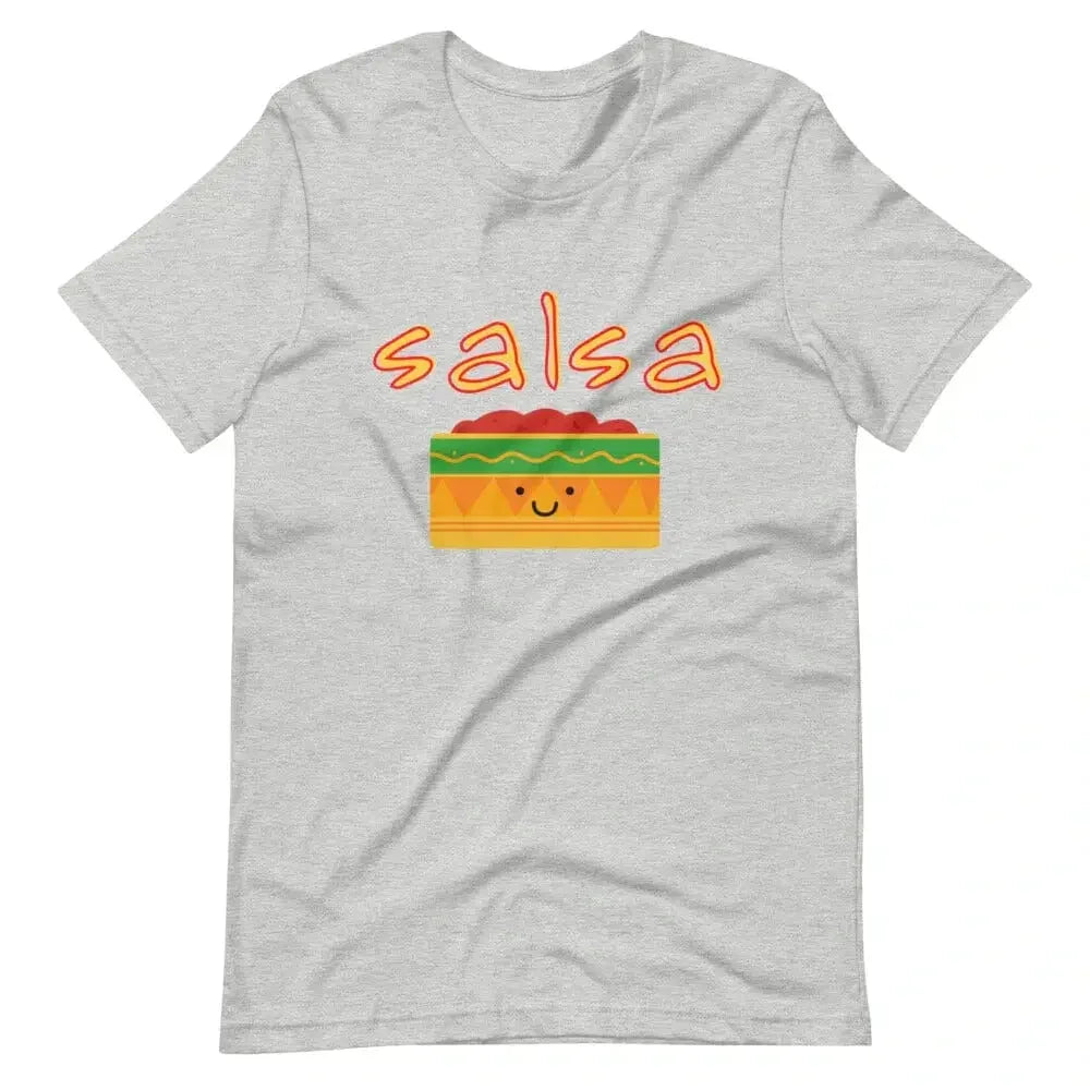 Light grey short-sleeve crewneck T-shirt with 'salsa' and salsa box graphic